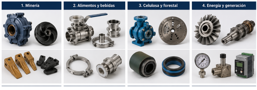 Componentes por industria: minería, alimentos y bebidas, celulosa y forestal, y energía y generación — bombas de pulpa e impulsores, dientes de balde, válvulas sanitarias y abrazaderas clamp, bombas de proceso, discos de refinador, rodillos y sellos, rodetes de turbina, ejes, manómetros y dispositivos de control