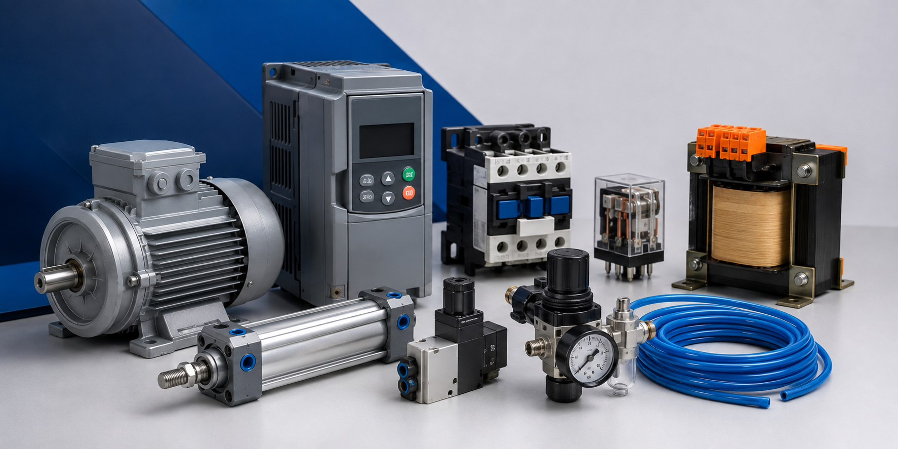 Motor eléctrico, variador de frecuencia, contactor, relé, transformador de control, cilindro y unidad de aire comprimido