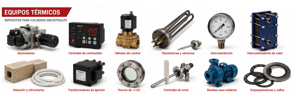 Lámina de repuestos para equipos térmicos: quemadores, controles de combustión, válvulas de control, resistencias y sensores, instrumentación, intercambiadores de calor, aislación y refractarios, transformadores de ignición, visores de nivel, controles de nivel, bombas para calderas y empaquetaduras y sellos