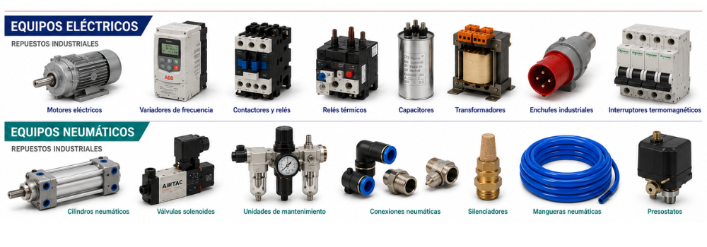 Lámina de repuestos para equipos eléctricos y neumáticos: motores eléctricos, variadores de frecuencia, contactores y relés, relés térmicos, capacitores, transformadores, enchufes industriales, interruptores termomagnéticos, cilindros neumáticos, válvulas solenoides, unidades de mantenimiento, conexiones neumáticas, silenciadores, mangueras neumáticas y presostatos