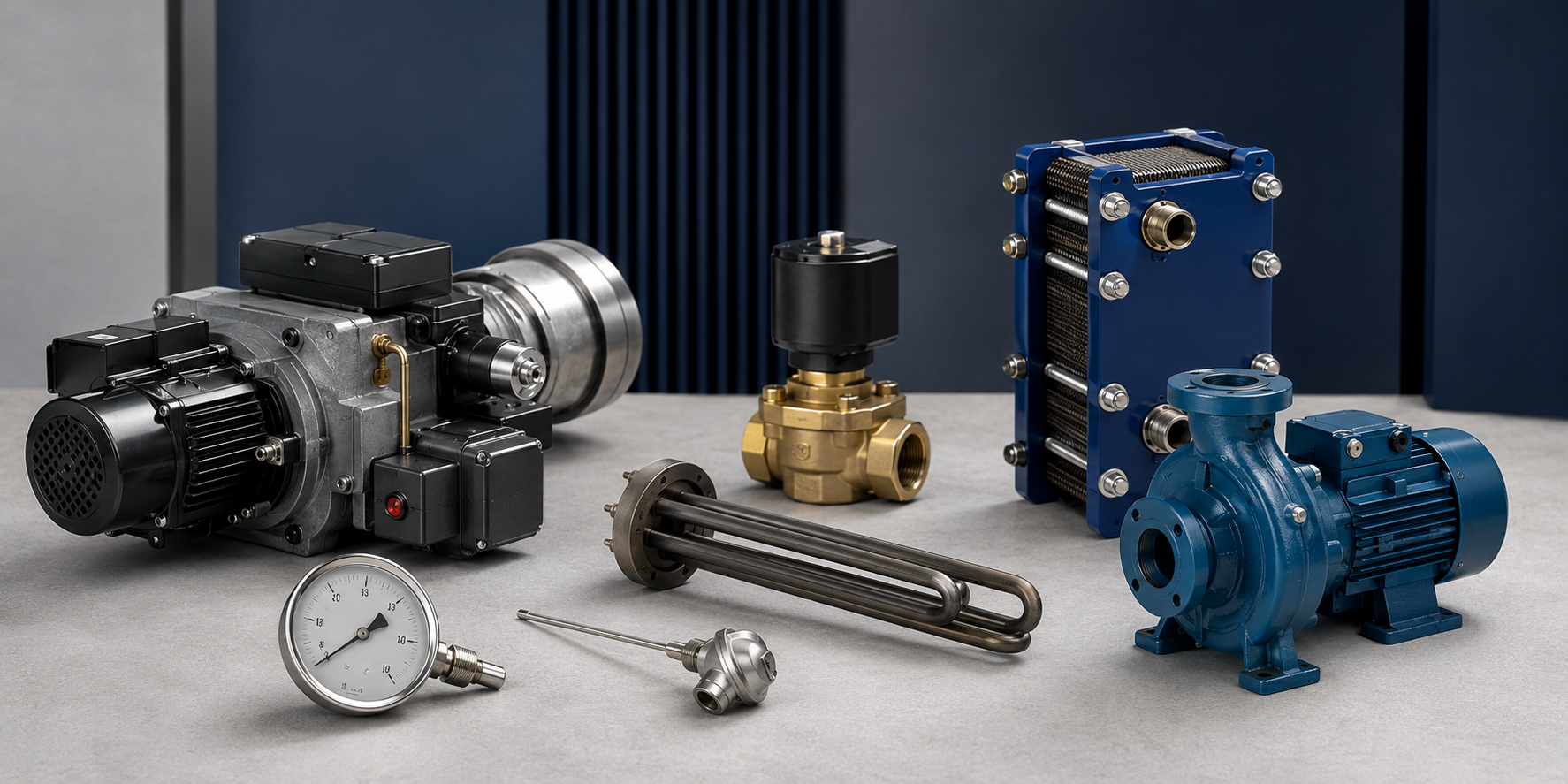 Quemador, válvula solenoide, intercambiador de placas, resistencia tubular, termómetro y bomba de proceso